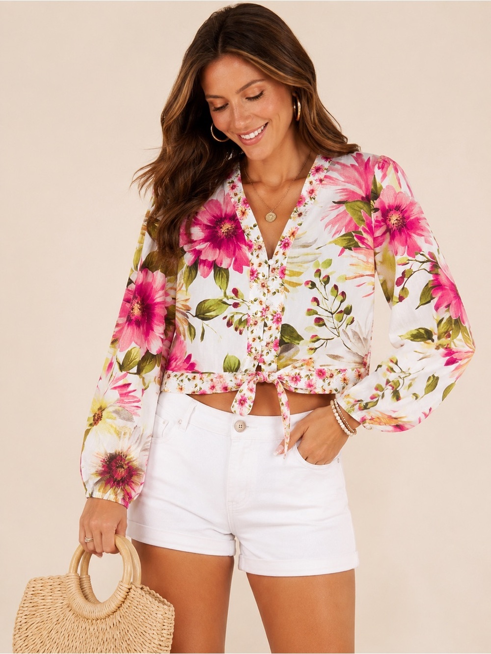 Truth by Republic Floral Tie Front Cropped Blouse Top White Pink Long Sleeve M